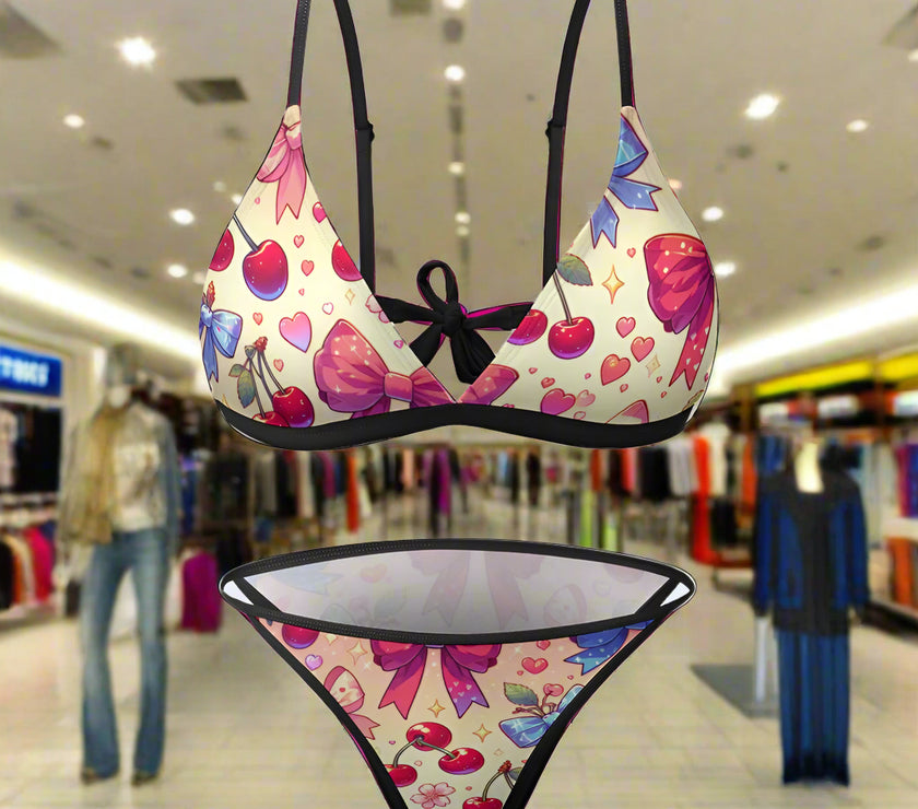 'Cherries' - Bikini Swimsuit Black Strap v5