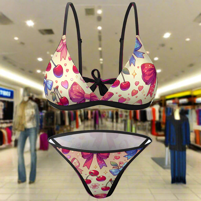 'Cherries' - Bikini Swimsuit Black Strap v5