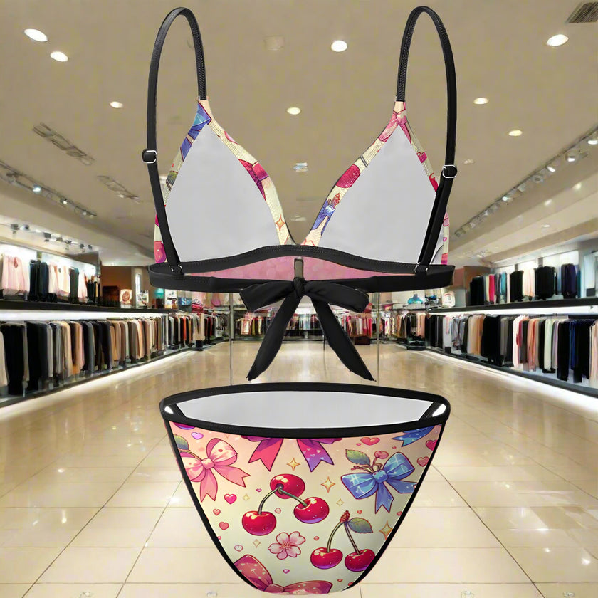 'Cherries' - Bikini Swimsuit Black Strap v5