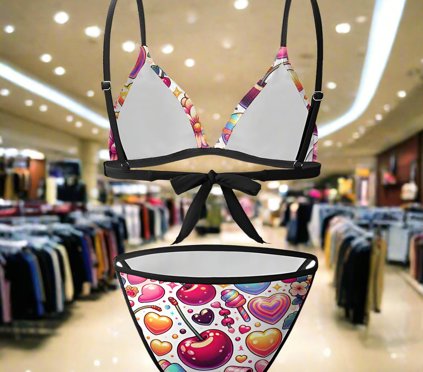 'Cherries' - Bikini Swimsuit Black Strap v4