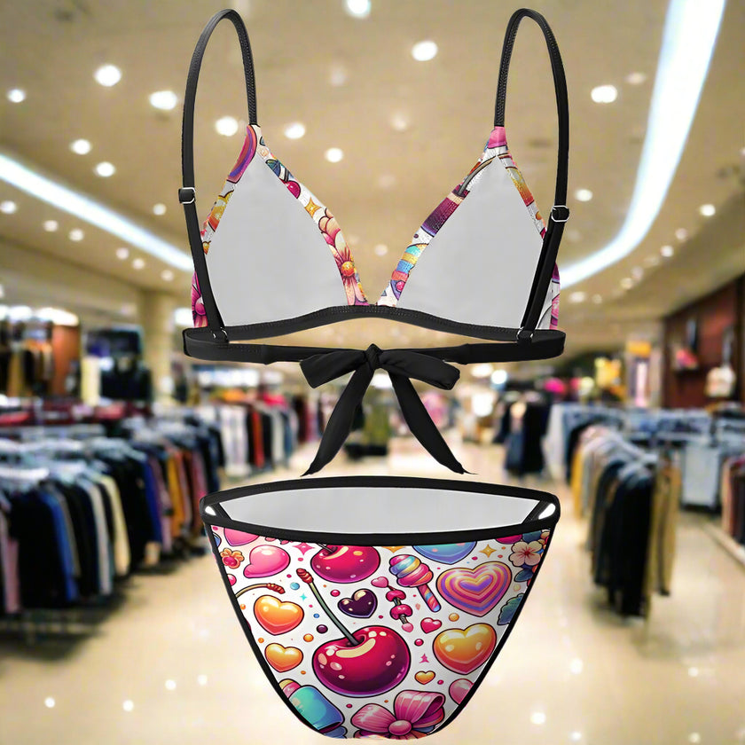 'Cherries' - Bikini Swimsuit Black Strap v4
