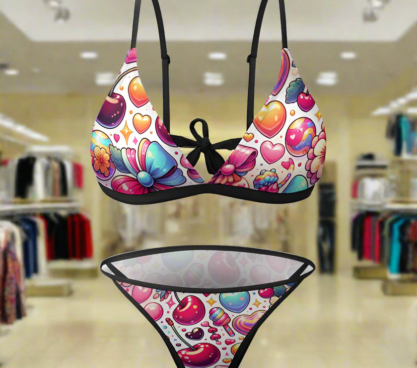 'Cherries' - Bikini Swimsuit Black Strap v4