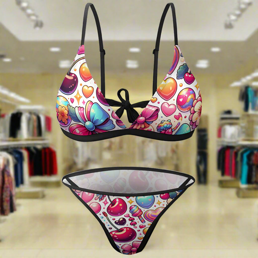 'Cherries' - Bikini Swimsuit Black Strap v4