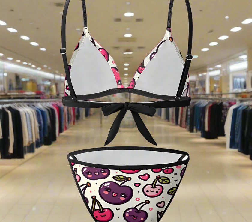 'Cherries' - Bikini Swimsuit Black Strap v1