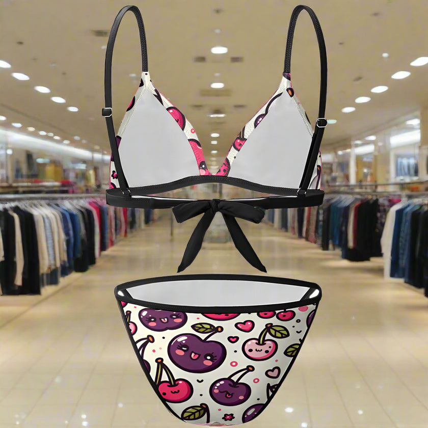 'Cherries' - Bikini Swimsuit Black Strap v1