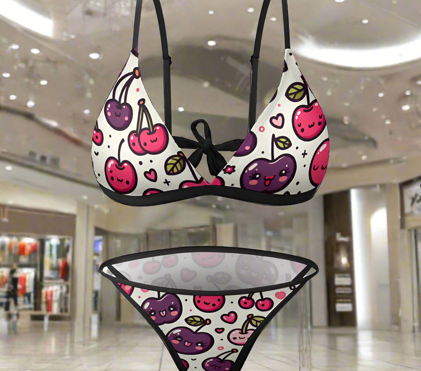 'Cherries' - Bikini Swimsuit Black Strap v1